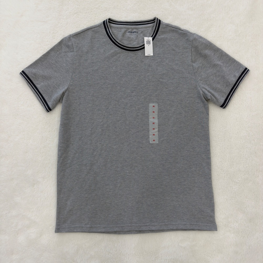 Old Navy Mens Pique Tee Medium Grey Heather Navy Tipped Crew Neck Shirt NWT M